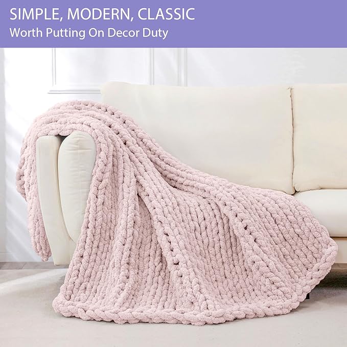 Bigacogo Chunky Knit Throw Blanket for Couch, 40x60 inches, 100% Hand Knitted with Thick Jumbo Chenille Yarn, Cozy Soft Large Rope Knot Cable Crochet Blankets for Sofa Bed Living Room, Rose Tan