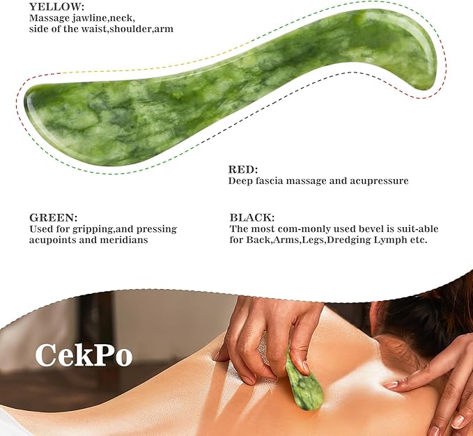 2 PCS Jade Stone Gua Sha Massage Tool, Large Guasha Muscle Scraper Tools Set with Handle Muscle Scraping Massage Tools S Shaped Anti Cellulite Spa Acupuncture Tools for Lymphatic Drainage