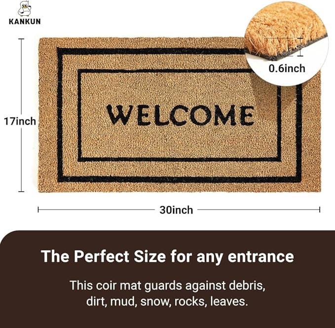 KANKUN Coco Coir Door Mat with Heavy Duty Backing, Welcome Doormat (17" x 30"), Doormat Entrance (Welcome Double)