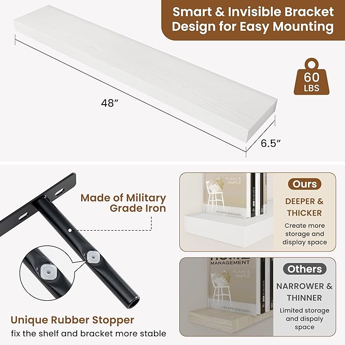 fuqing Floating Shelves for Wall, Bathroom Shelf Wall Mounted for Storage, Shelves with Invisible Bracket for Bedroom, Kitchen, Living Room, Farmhouse Small Book Shelf, 48 Inch Set of 2, White
