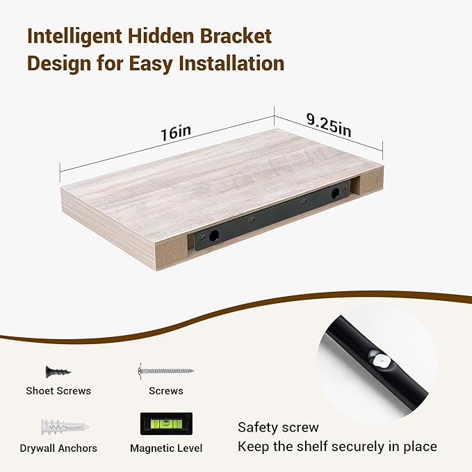 16 Inch Floating Shelves, 3D Textured Wood Grain, 16"x9.25"x1.5" Inch Deep Floating Shelves for Wall, Wooden Shelves for Bathroom, Bedroom, Living Room, Washed White