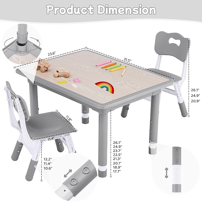 Toddler Table and Chair Set, Height Adjustable-Upgrade Kids Table and 2 Chairs for Ages 3-8, Multi-Activity Toddler Play Table with Graffiti Desktop for Home/Daycare/Classroom