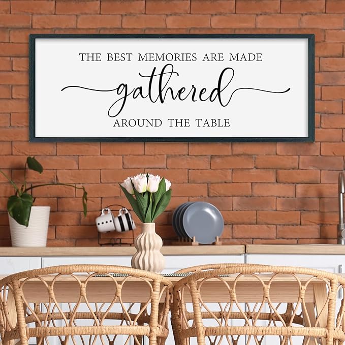 SRSZHIYUE The Best Memories Are Made Gathered Around The Table Sign Wall Decor Art 40"×15" for Kitchen Dining Room Large Wood Framed Wall Hanging (Black)