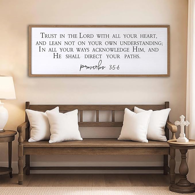 Trust in the Lord With All Your Heart Bible Verse Framed Wall Art, 40''×15'' Rustic Religious Christian Proverbs 3:5-6 Sign, Horizontal Holy Inspirational Catholic Scripture Decor
