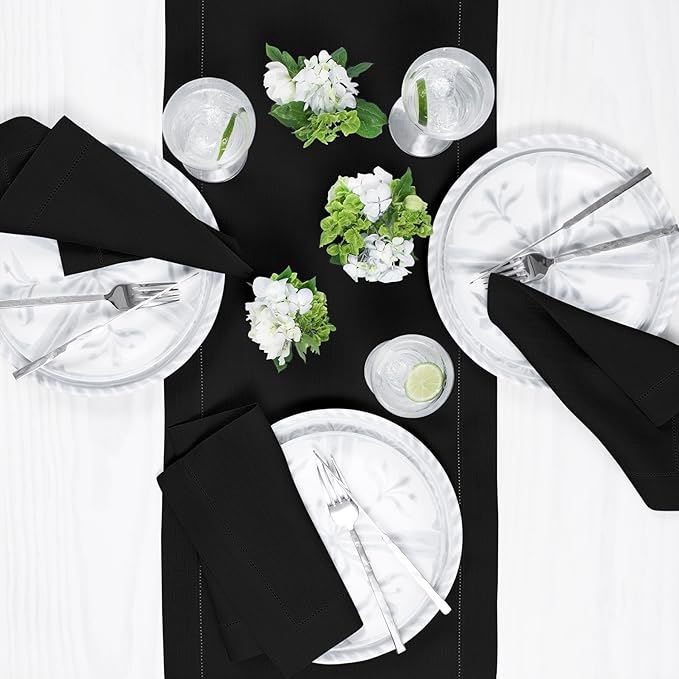 Solino Home Linen Black Table Runner 60 Inches - Classic Hemstitch, 100% Pure Linen Coffee Table Runner 14 x 60 Inch Ideal for Dresser Tables - Fall, Autumn, Halloween, Thanksgiving