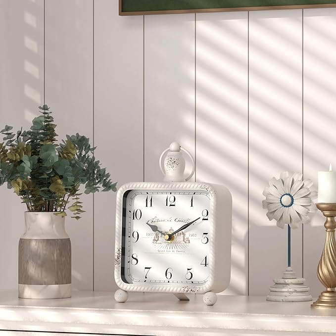 Vintage White Table Clock on Stand, Desk and Shelf Decor Clock, French Rustic Style Non-Ticking Mantel Clocks for Farmhouse, Living Room, Bedroom, Bedside, Gift (8.5" H x 5.5" W)