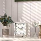 Vintage White Table Clock on Stand, Desk and Shelf Decor Clock, French Rustic Style Non-Ticking Mantel Clocks for Farmhouse, Living Room, Bedroom, Bedside, Gift (8.5" H x 5.5" W)