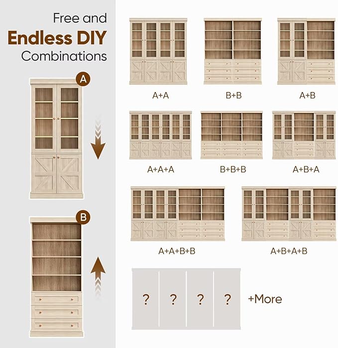 Vyre 71" Tall Farmhouse Bookshelves with Glass Doors, Large Modular Bookcase with Adjustable Shelves, Storage Cabinet for Living Room, Kitchen, Home Office, Brown