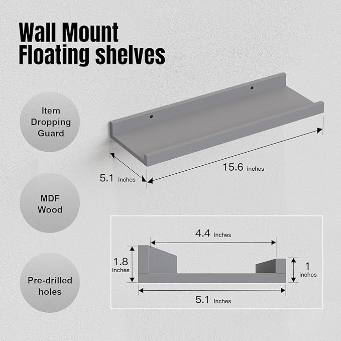 RICHER HOUSE 3 Set Floating Shelves for Wall, Black Wall Mounted Shelves with Lip for Storage, Display Picture Ledge Shelf for Bedroom Bathroom Kitchen Living Room Decor, Modern Grey