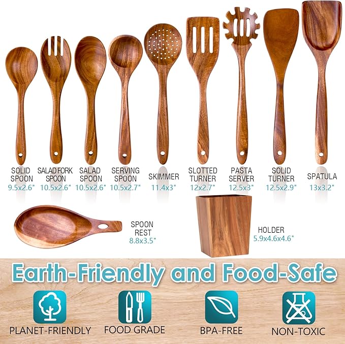 Wooden Spoons for Cooking, Acacia Wood Cooking Utensils Set – 11 Piece Wooden Kitchen Tools with Holder, Spoon Rest, Nonstick Cookware Safe by HOWHONG