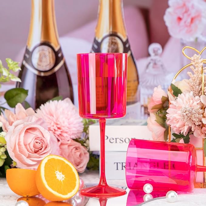 Ciaell 12 Pack Plastic Wine Glasses - 10Oz Hot Pink Plastic Wine Glasses With Stem - Disposable Stemmed Cups for Parties & Weddings