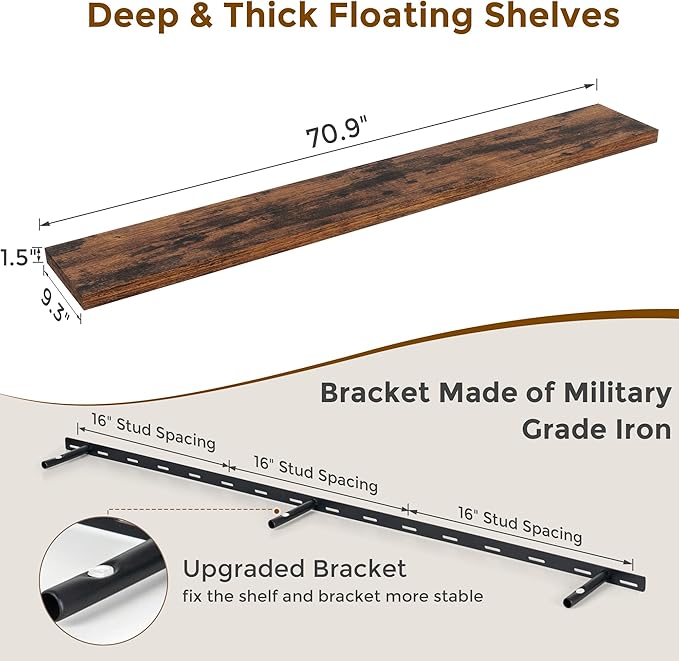 72 Inch Floating Shelves, 72 x 9 Rustic Wooden Fireplace Mantel, 9 Inch Floating Shelf for Wall, Farmhouse Wall Shelves for Home Storage & Display, Rustic Brown Color, Set of 1
