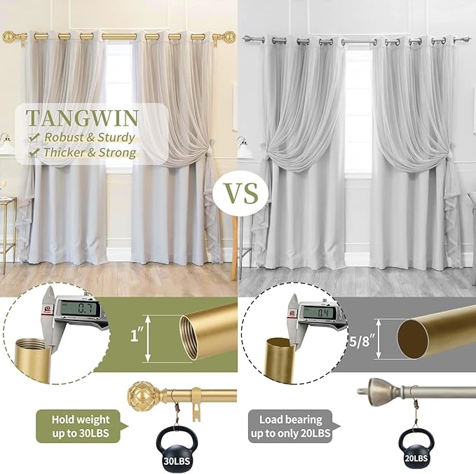 Gold Adjustable Curtain Rods for Windows:Farmhouse Heavy Duty Curtain Rod for Bedroom Living Room,Boho Decorative Rustic Drapery Rod with Vintage Coastal Texture Finial,Brass Gold 2Pack 36-88"