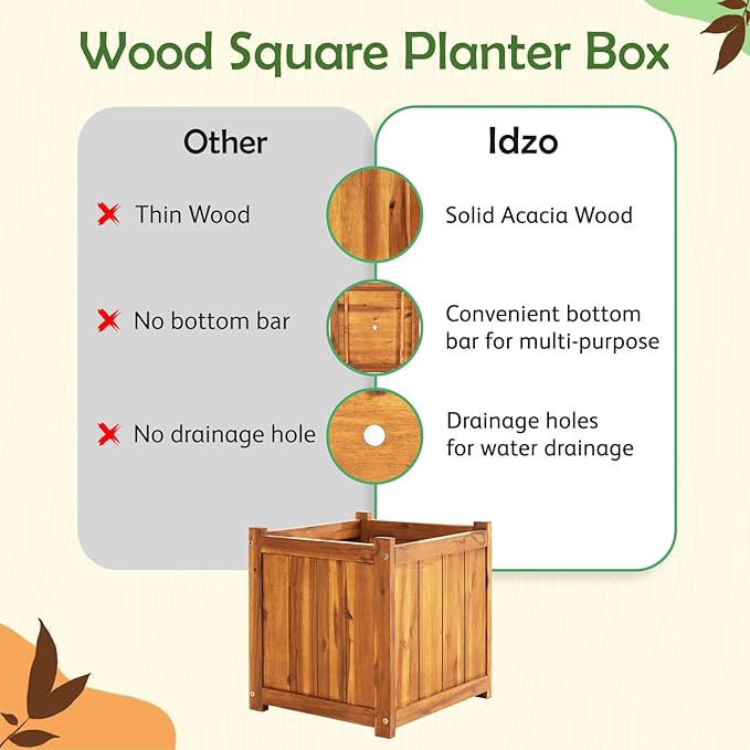 Idzo Hardwood Outdoor Flower Box, Durable Acacia Wood Flower Boxes for Outdoor Plants with Ergonomic Handles, Drainage Holes, Multiple Sizes Wood Bucket Planter for Home Decor, 1pcs