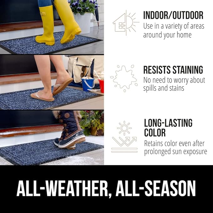 GORILLA GRIP 100% Waterproof All-Season WeatherMax Doormat 35x23, US Designed Natural Rubber, Stain and Fade Resistant, Low Profile Indoor Outdoor Door Mats, Easy Clean Patio Mat, Navy Greek Keys