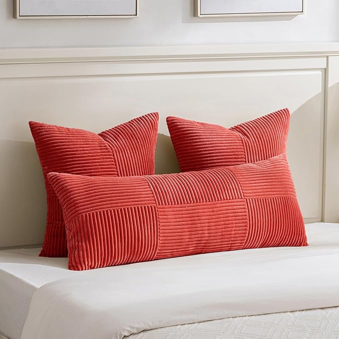 Fancy Homi 2 Packs Red Decorative Throw Pillow Covers 20x20 Inch for Living Room Couch Bed Sofa, Holiday Christmas Home Decor Gift, Soft Corss Corduroy Patchwork Accent Square Cushion Case 50x50 cm