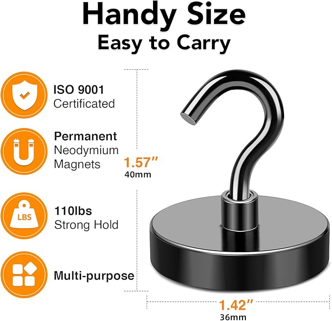 MIKEDE Black Magnetic Hooks Heavy Duty, 150LB+ Strong Neodymium Magnets for Refrigerator, Magnetic Hooks with Epoxy Coating for Hanging, Magnets with Hooks for Cruise, Home, Workplace - 10 Pack