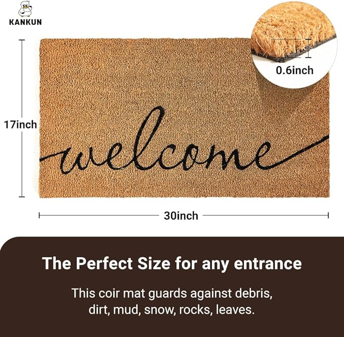 KANKUN Coco Coir Door Mat with Heavy Duty Backing, Welcome Doormat (17" x 30"), Doormat Entrance (Welcome1)