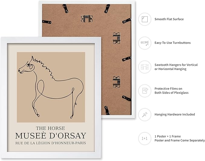 Poster Master Vintage Poster - Retro Minimalist Print - Gift for Artist, Friend - Horse, Line Drawing, Sketch, Abstract - Wall Decor for Living Room, Bedroom, 8x10 White Framed