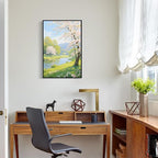 The scenery of a stream between trees and cherry blossoms under the blue sky is suitable for posting in the living room bedroom office landscape posters