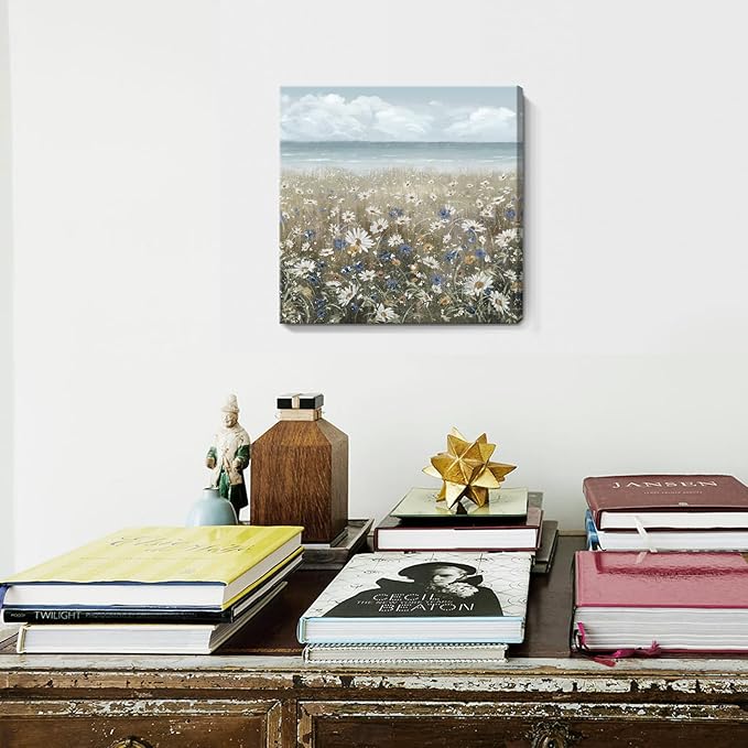Canvas Wall Art Beach Floral Wall Picture Coastal Boho Farmhouse Daisy Flowers Nautical Sea Ocean Wildflowers Canvas Print Vintage Artwork for Small Rustic Bathroom Bedroom Living Room Office Décor