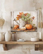 Autumn Pumpkin and Watering Can Canvas Wall Art, Rustic Fall Leaves Print Farmhouse Picture for Thanksgiving Decorations, Fall Wall Art Decor Ready to Hang