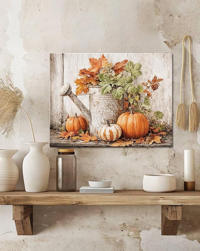 Autumn Pumpkin and Watering Can Canvas Wall Art, Rustic Fall Leaves Print Farmhouse Picture for Thanksgiving Decorations, Fall Wall Art Decor Ready to Hang