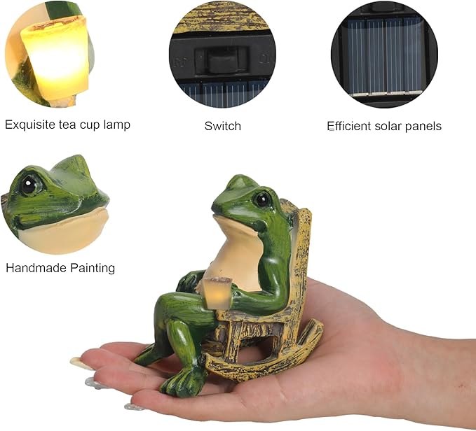 Miniature Frog Garden Statue Solar Light Outdoor Decor Frog Figurine for Outdoor Indoor Home Lawn Yard Balcony Porch Patio for Women Mom Grandma 3.74"x2.75"x3.93"