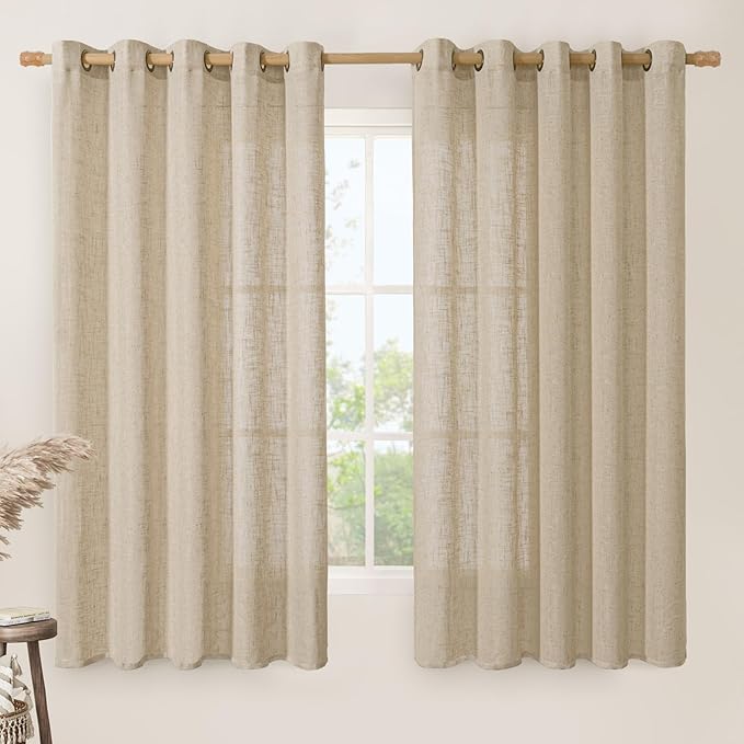 LAMIT Linen Curtains 63 inch Length for Living Room, Linen Light Filtering Boho Semi Sheer Window Textured Burlap Drapes with Bronze Grommet for Bedroom, 2 Panels Set, 60 x 63 Inch, Brown
