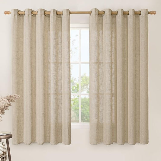 LAMIT Linen Curtains 63 inch Length for Living Room, Linen Light Filtering Boho Semi Sheer Window Textured Burlap Drapes with Bronze Grommet for Bedroom, 2 Panels Set, 60 x 63 Inch, Brown