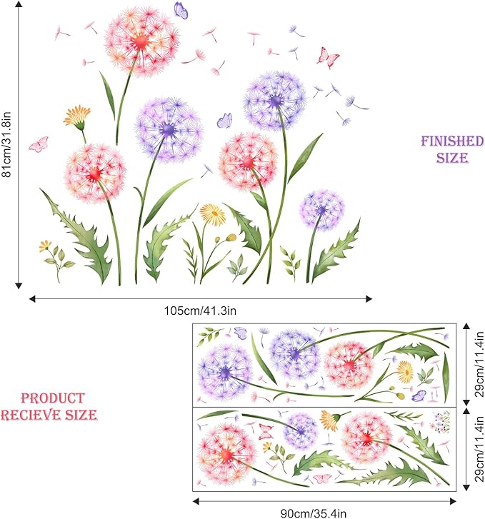 Dandelion Flower Butterfly Wall Decals Pink Purple Dandelion Plants Wall Stickers Peel and Stick Vinyl Wall Art Decor for Living Room Bedroom Office TV Sofa Backdrop Home Decor Gifts for Mom