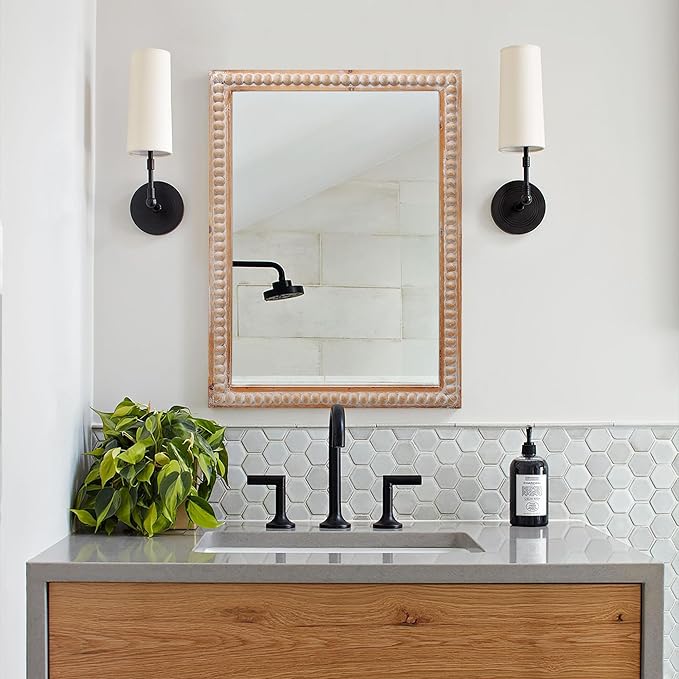 Farmhouse Bathroom Mirror 22x30 Inch - Rectangular Wall Mirrors with Wood Frame & Beaded Design - Distortion-Free Glass, Horizontal/Vertical Mount or Freestanding