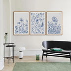 SIGNINART Classic Chinoiserie Botanical Framed Canvas Wall Art, Blue and White Floral Wall Decor, Minimalist Flower Artwork, Navy Blue Wildflower Art Painting for Bedroom Living Room Office 24"x36"x3