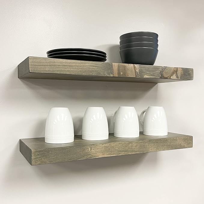 URBANDI, Rustic Floating Shelves, Set of 2, Hidden Bracket, Solid Wood, Heavy Duty, Wall Mounted Shelves, (Grey, 48Wx12D)