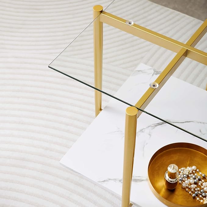 Square Glass End Table, Mid-Century Modern Design Sofa Table, for Living Room, L18 x W18 x H23, Clear Glass Top and White Marble MDF Shelf, Sleek Conical Metal Legs with Gold Finish