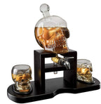 Skull Skeleton Wine & Whiskey Decanter Set 750mL with 2 Skull Shot Glasses 3oz | Gothic Skeleton Barware on Mahogany Wooden Base with Spigot | Spooky Halloween Decor Drinkware & Unique Goth Gift Idea