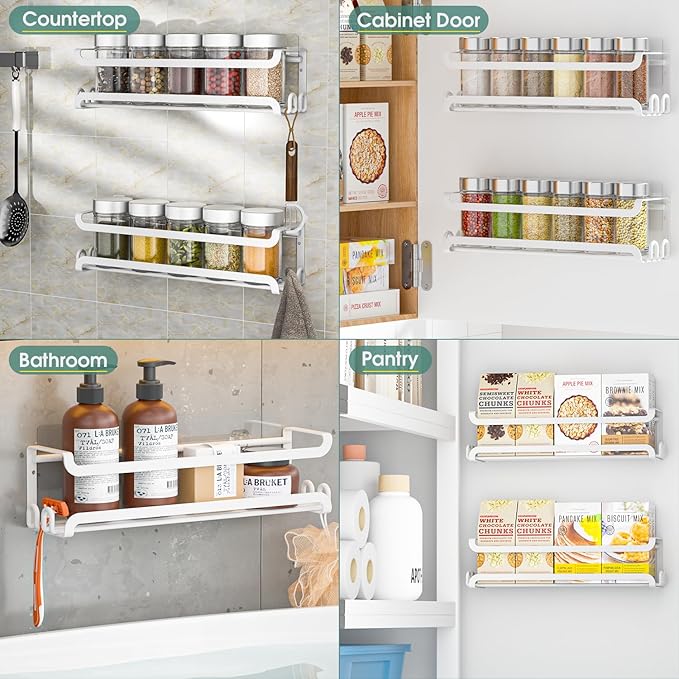 LUCYCAZ 2 Pack Wall Mounted Spice Rack with 16 Hooks, Spice Organizer Shelf for Stove Cabinet Pantry Door,Screw or Adhesive Spice Shelf Hanging Wall Spice Rack in Kitchen and RV (White, 2 PACK)