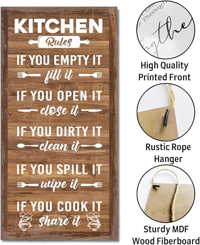 Hanging Rustic Wooden Kitchen Decor Sign, Printed Wood Wall Art, Funny Farmhouse Kitchen Wall Decor I1