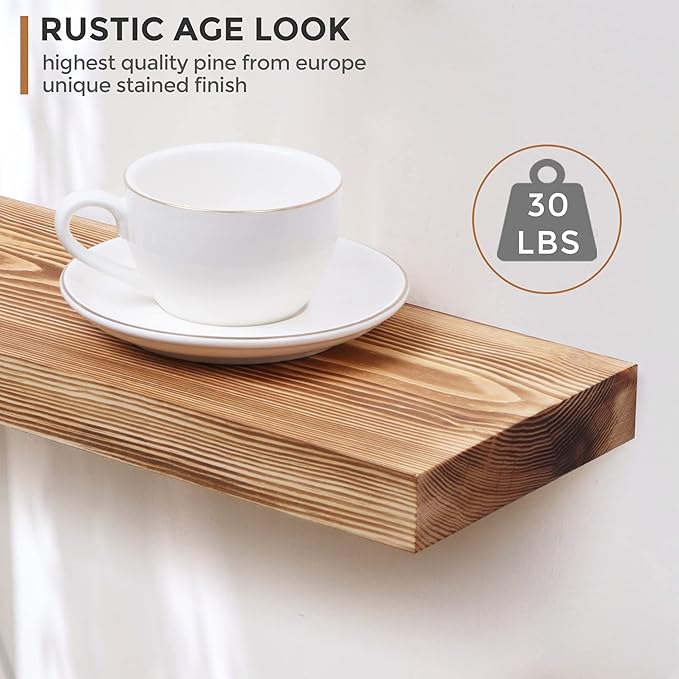 Fun Memories European Pine Floating Shelves for Wall, Mounted Shelf for Decor Storage Set of 2 - Natural Rustic Wooden Wall Shelf for Kitchen Bathroom Living Room Bedroom Farmhouse - Carbonized