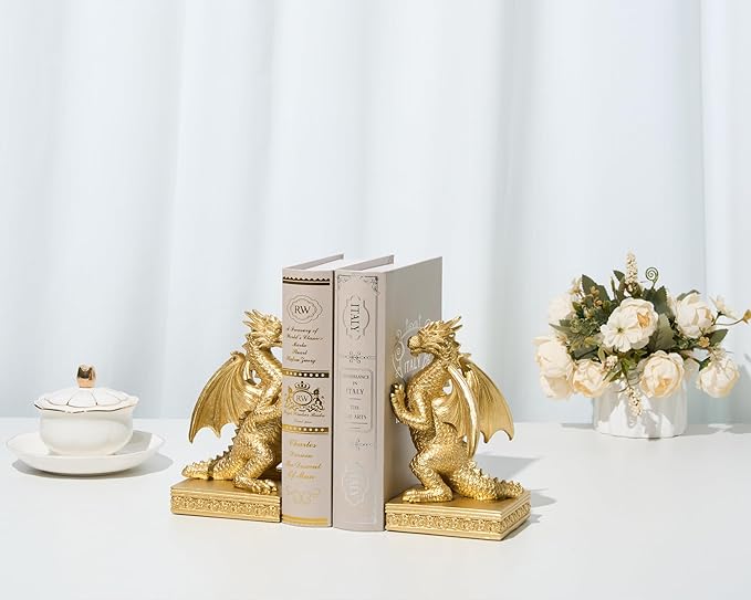 Dragon Statue Decorative Bookends for Shelves, Regal Gold Dragon Statue Home Office Decoration, Fantasy Dragon Figurine Enthusiasts Gifts