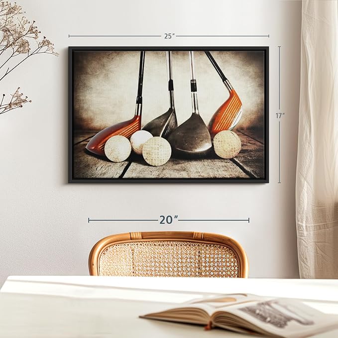 Elephant Stock Golf Sets Wall Art - Horizontal Framed Canvas - 1-Piece Mancave Wall Decor - Photography Sports Canvas Print - Yellow and Brown Decor for Wall - 25" X 17"