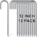 Rebar Stakes 12 Inch, 12 Pack Galvanized Tent Stakes Heavy Duty Ground Stakes, J Hook Metal Fence Stakes for Ground, Outdoor Decoration, Wire Fencing, Gardening