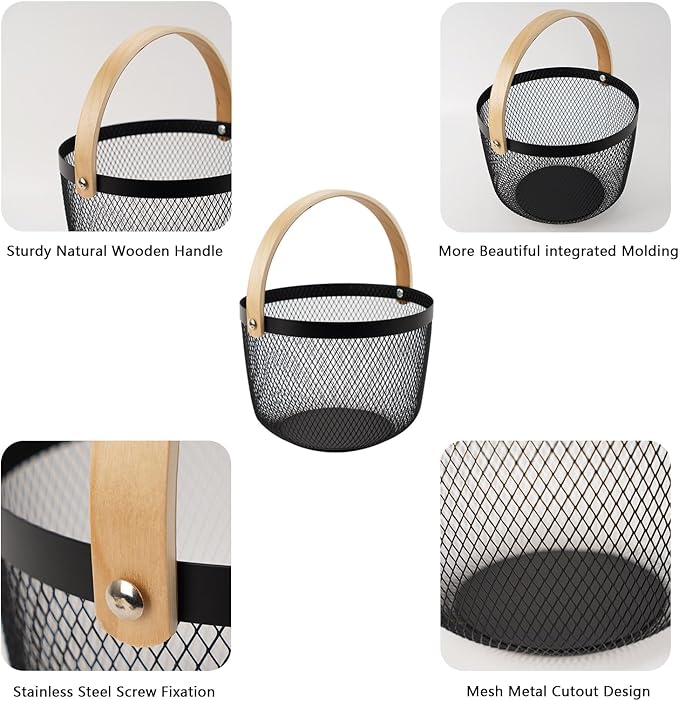 Metal Mesh Steel Basket, Garden Harvest Basket for Gathering Vegetables Round Wire Basket with Handle Storage Organizer Multi-functional Hanging Fruit Basket for Kitchen Bathroom Picnic