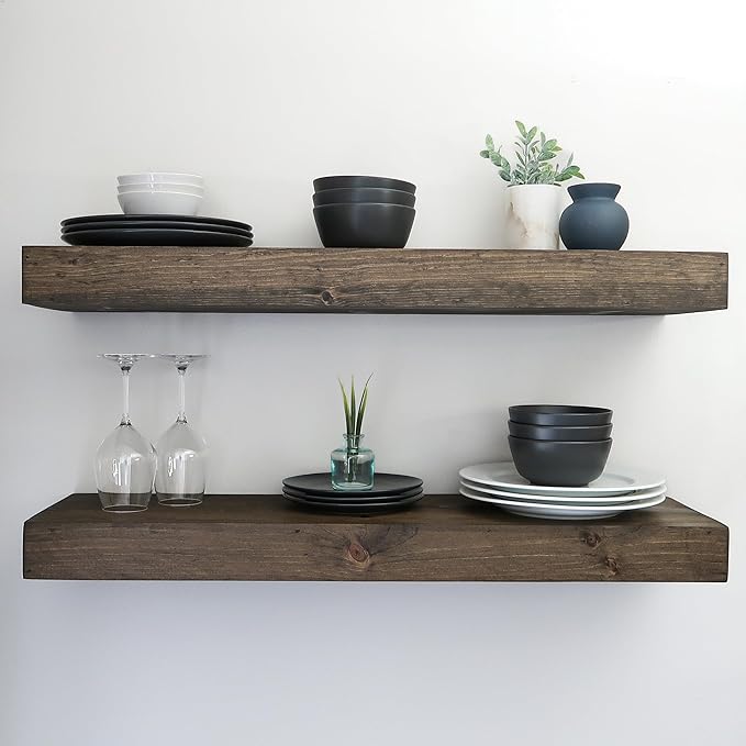 Modern Floating Shelves 3 Inches Thick for Wall, Wide Shelves for Kitchen, Living Room, Bedroom, and Bathroom, Natural Pine Wood, Rustic Wooden Shelf, (Set of 2) (Jacobean, 48Lx3Hx6D)
