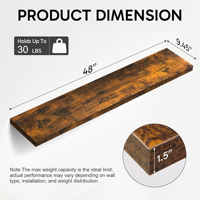 BAYKA Floating Shelves, 48 inches Long Wall Mounted Rustic Wood Shelves for Bathroom, Bedroom, Living Room, Kitchen, Office, Hanging Shelf for Books/Storage/Decor(Rustic Brown,Set of 2)