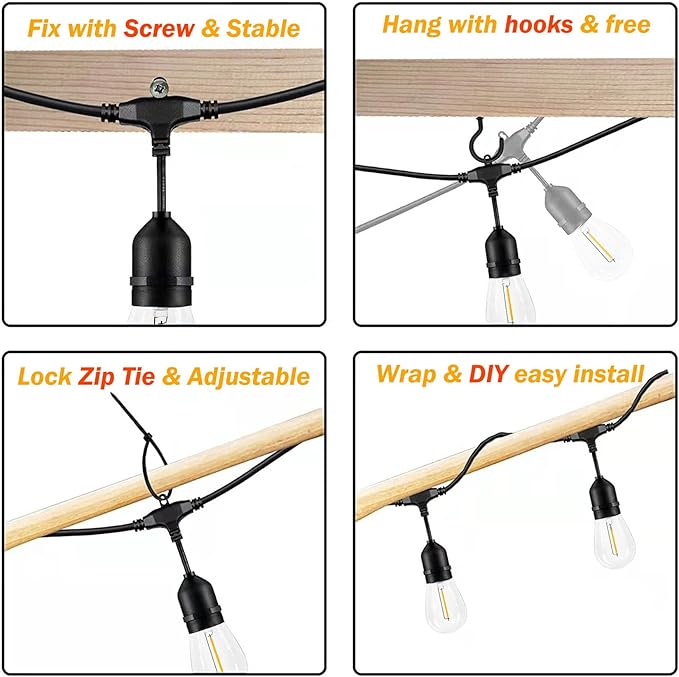 48FT Outdoor String Lights LED Heavy-Duty Waterproof Patio Lights with 16 Shatterproof Plastic 2200K Warm White Bulbs for Patio Gazebo Pergola Cafe Market Bistro