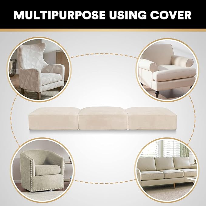 PrinceDeco Stretch Sofa Cushion Covers for Couches and Sofas,Soft Velvet Couch Seat Covers, Sofa Covers Washable, Seat Cushion Cover for 3 Couch Sofa Pet Friendly - Ivory, Each Width Up to 29.5"