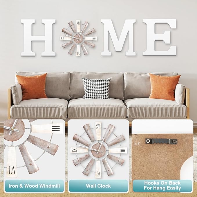 ZAZIWZ Farmhouse Home Signs with Windmill Clock Wall Decor Rustic Home Letters Wall Art for Living Room Kitchen Entryway Dining Room Bedroom (white)