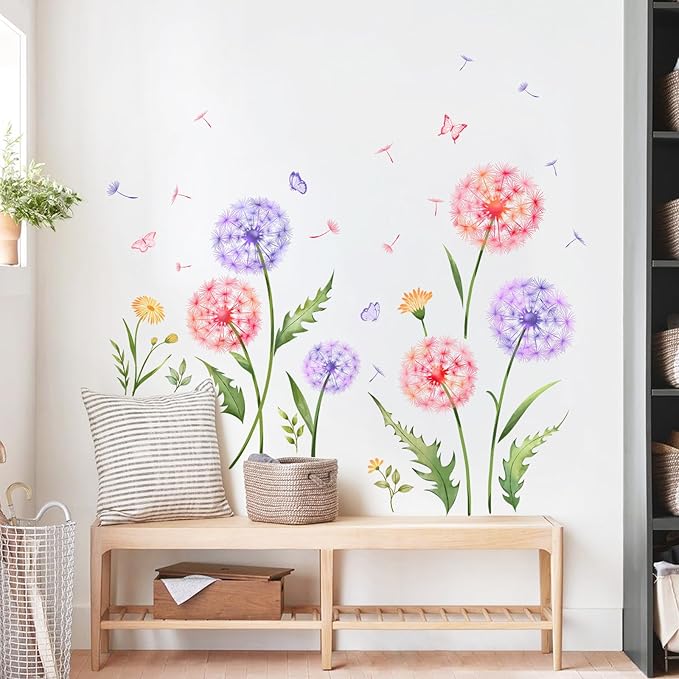 Dandelion Flower Butterfly Wall Decals Pink Purple Dandelion Plants Wall Stickers Peel and Stick Vinyl Wall Art Decor for Living Room Bedroom Office TV Sofa Backdrop Home Decor Gifts for Mom