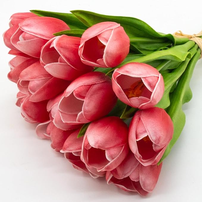 Buart Artificial Tulip in Bulk for Home Kitchen Wedding Bridal Bouquet,Fake Flowers for Mother's Day Easter Table Centerpieces Decorations(Large Size,Hot Pink,Real-Touch,12pcs)